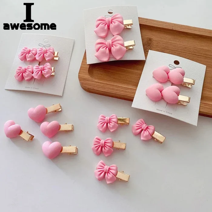 2Pcs Pink Hair Pin for Baby Girl Cute Tie Bow Flower Heart Baby Girl Hair Clips