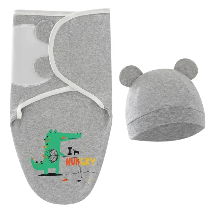Cotton Baby Swaddle Blanket Wrap Hat Set Cartoon Muslin Newborn Sleeping Bag Adjustable Infant Blankets Newborn 4