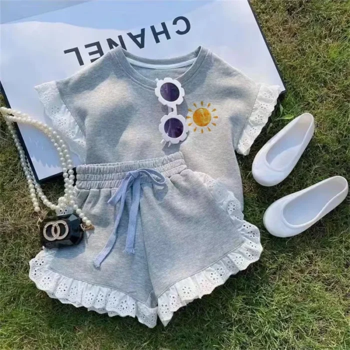 Girls Clothing Suit Children Short Sleeved Shirt Shorts 2 Pcs Sets Baby Loungewear Fashion Summer Lace 1