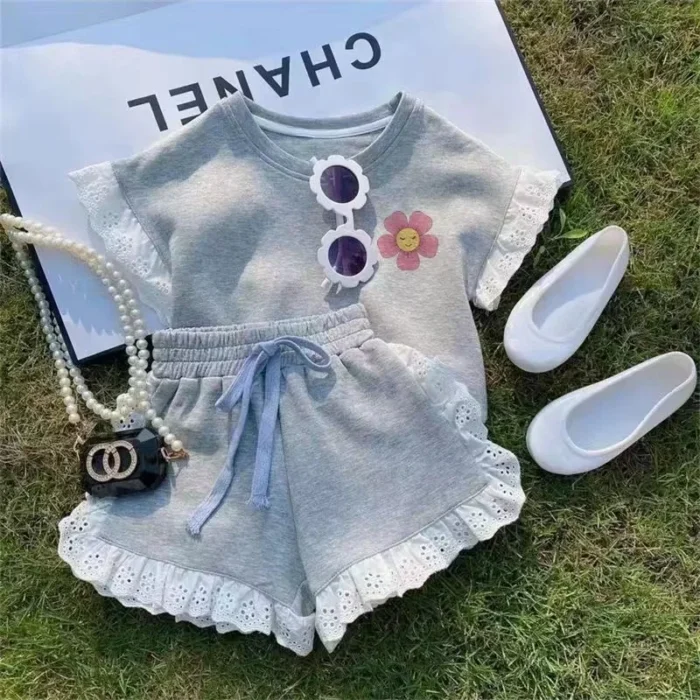 Girls Clothing Suit Children Short Sleeved Shirt Shorts 2 Pcs Sets Baby Loungewear Fashion Summer Lace 2