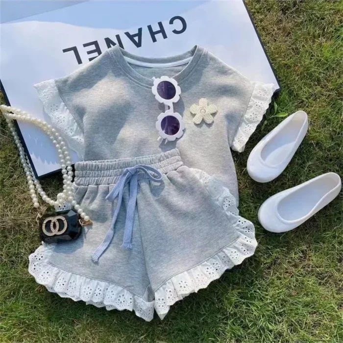 Girls Clothing Suit Children Short Sleeved Shirt Shorts 2 Pcs Sets Baby Loungewear Fashion Summer Lace 3