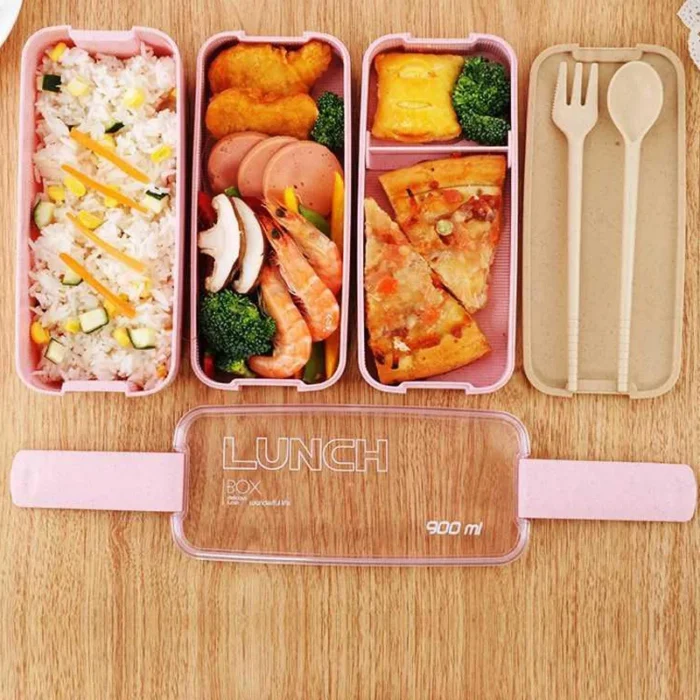 Kitchen 900ml Microwave Lunch Box Wheat Straw Dinnerware Food Storage Container Children Kids School Office Portable 3