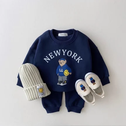 Korea 2023 Baby Boys Clothes Sets Kids Letter Bear Printed Long Sleeve Sweatshirt Jogger Pants Set 1