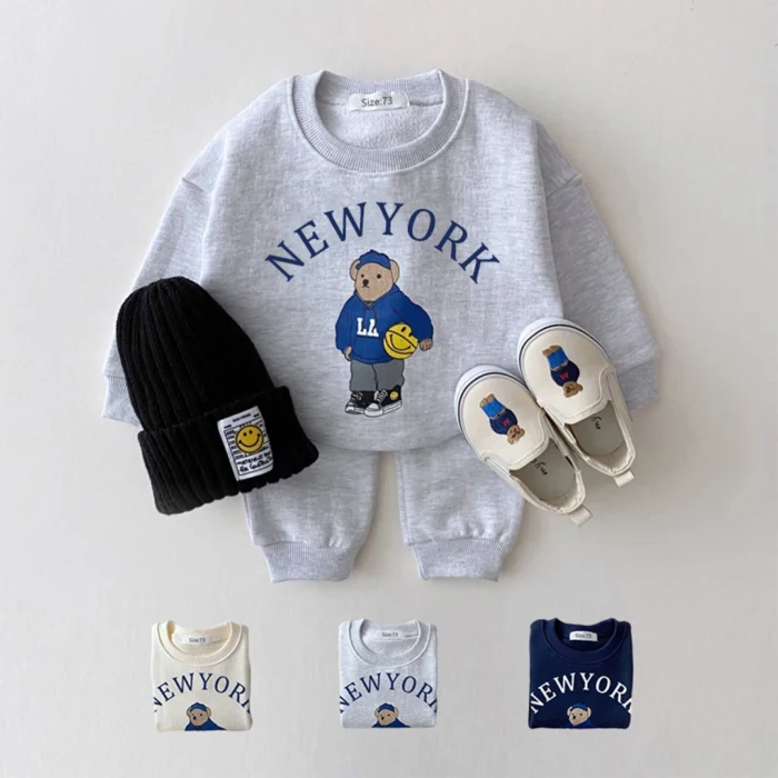 Korea 2023 Baby Boys Clothes Sets Kids Letter Bear Printed Long Sleeve Sweatshirt Jogger Pants Set