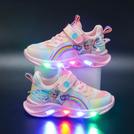 Sneakers Disney Frozen Girls Casual Shoes Up LED Light Cartoon Elsa Princess Shoes Baby Toddler Shoes