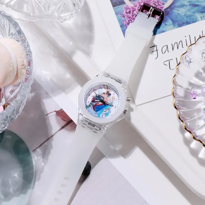 Watch Disney Frozen Princess Children Pattern Led Glowing Flash Toys Fashion Leather Quartz Wristwatch Christmas Gifts 2