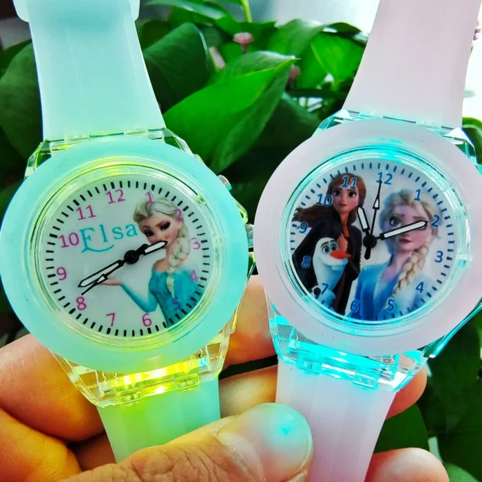 Watch Disney Frozen Princess Children Pattern Led Glowing Flash Toys Fashion Leather Quartz Wristwatch Christmas Gifts 3
